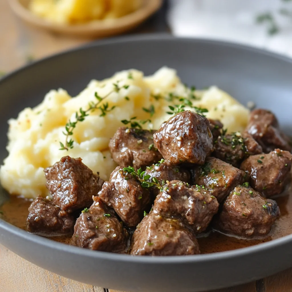 Knoblauchbutter-Rinderbissen mit Kartoffelpüree genießen!