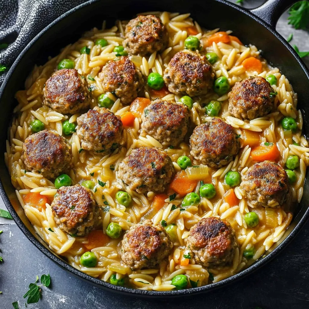 Orzo-Pfanne mit Hackbällchen und Gemüse