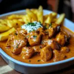 Butter Chicken mit Knoblauchsauce und knusprigen Pommes