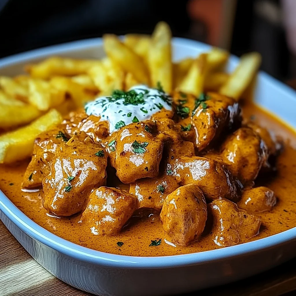 Butter Chicken mit Knoblauchsauce und knusprigen Pommes